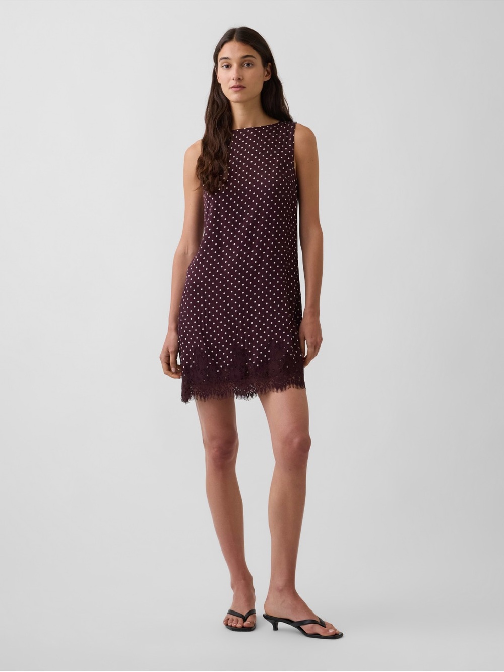 GAP Sleeveless Polka Dot Lace-Hem Shift Dress - Burgundy and White